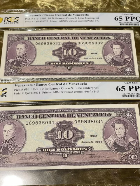 VENEZUELA 10 Bolívares 1995 Pick# 61d PCGS 65 PPQ GEMA ¡UNC! 2 notas consecutivas