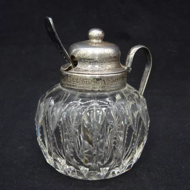 Sterling Silver and Cut Glass Mustard Pot Hallmarked 1902 Sheffield Silver Spoon