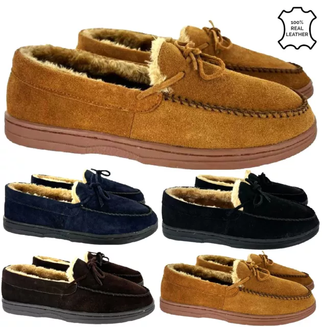 Mens Slip On Moccasins Leather Suede Soft Warm Soft Faux Sheepskin Fur Slippers