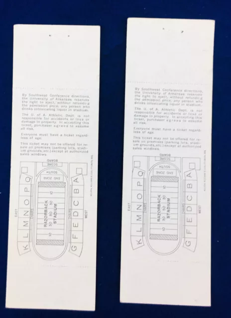 (2) Unused Full 1972 Arkansas Razorbacks Texas Tech Football Tickets Vintage 2