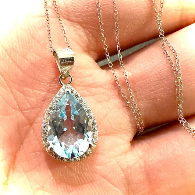 925 Sterling Silver Blue Topaz Pendant Necklace Pear Cut 18" Created FREE Shipp