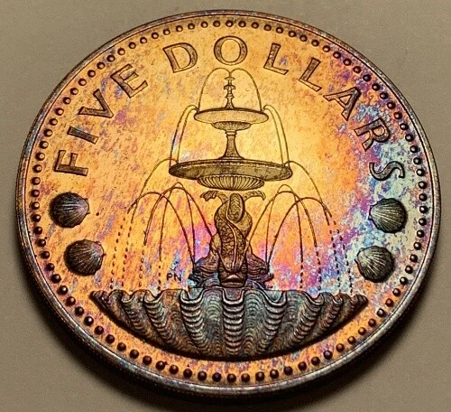 1973 Barbados 5 Five Dollars Silver Bu Unc Proof Vibrant Color Toned Coin #16