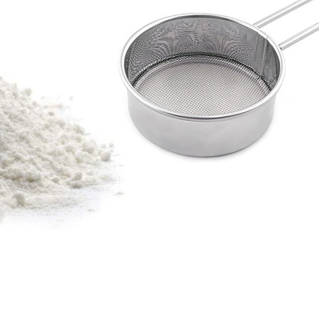 Tamiz de harina de acero inoxidable duradero con pantalla de malla para hornear y cocinar