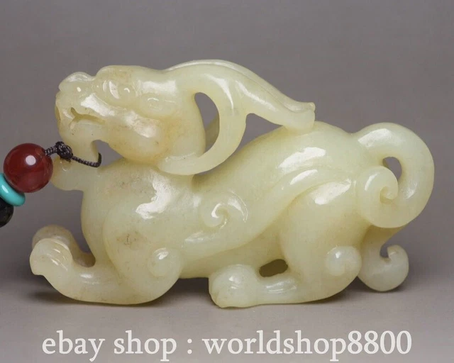 3.2" Chinese Natural Hetian White Jade Carving Pixiu Beast Statue Sculpture
