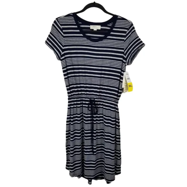 Olive & Oak Women's Drawstring Tunic Dress Striped Gray And Navy Blue Size S NWT