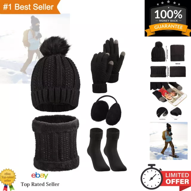 5 Piece Winter Hat Scarf Gloves Set - Knit Beanie Pompom Hat & Earmuff Warmer