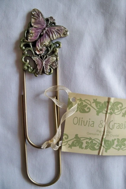 Vintage Enamel Gold Tone Butterfly Paperclip / Bookmark with Czech Crystals