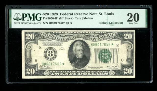 DBR 1928 $20 FRN St. Louis STAR Numeral Fr. 2050-H* PMG VF-20 Serial H00017659*