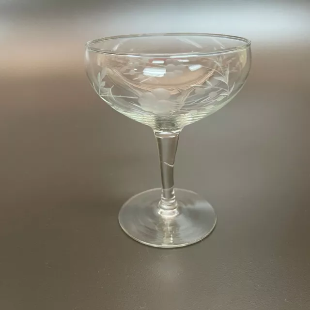 Clear Glass Etched Wine Glass Stemmed 4 1/4" high