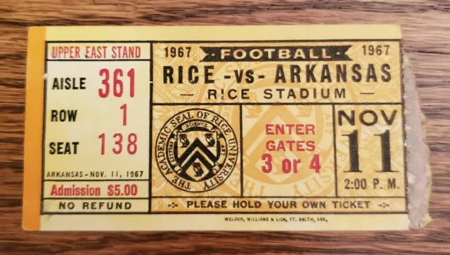 Rice Owls Arkansas Razorbacks Football Ticket Stub 11/11 1967 Ronnie Lee South