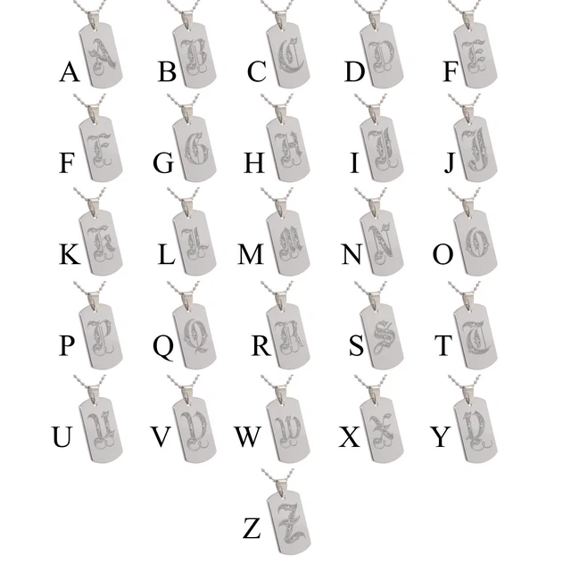 Tungsten Royal Letter A-Z Men's Dog Tag White Pendant Necklace Ball Chain