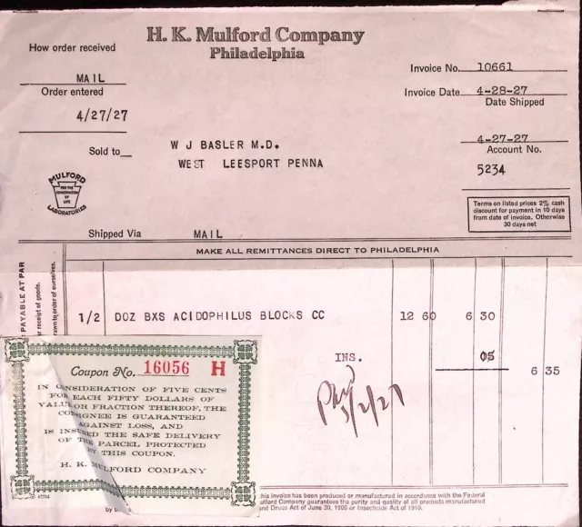 HK Mulford Co Philadelphia Purchase Order Invoice 1927 Acidophilus Probiotic