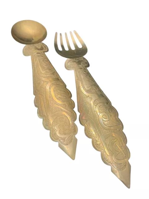 Vintage Brass Spoon & Fork BOHO Tiki Wall Hanging Kitchen Art Bohemian Asian
