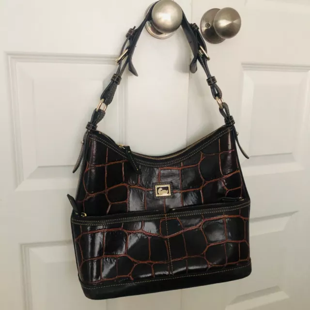 Dooney & Bourke Large Croc Embossed Leather Purse Brown Shoulder Hobo Tote Bag
