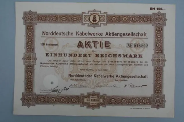 Norddeutsche Kabelwerke, Berlin - Aktie 1928