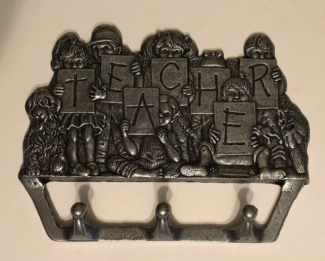 Vintage 1991 "TEACHER" 3 Hook Wall Mount Coat / Hat Rack Cast Aluminum Detailed