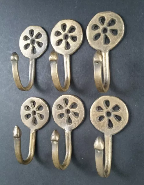 6 x Brass Antique Style Small Single Coat Hooks Floral Daisy Ornate 2-3/8"l. #C5