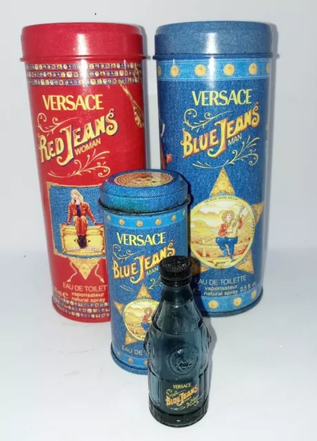 Pair Of Versace Red Blue Jeans Tins And Miniature Blue Jeans
