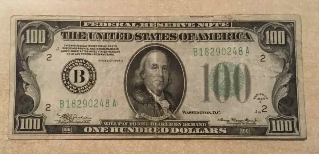 1934 $100 Federal Reserve Note NEW YORK NY VF