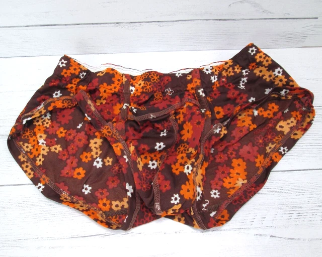 VINTAGE MEN UNDERWEAR Bikini Brief 30 Orange Brown Floral Flower Sheer