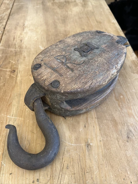 Antique Maritime Hook Pulley Block Wood Iron Naval Patina Decor Nautical