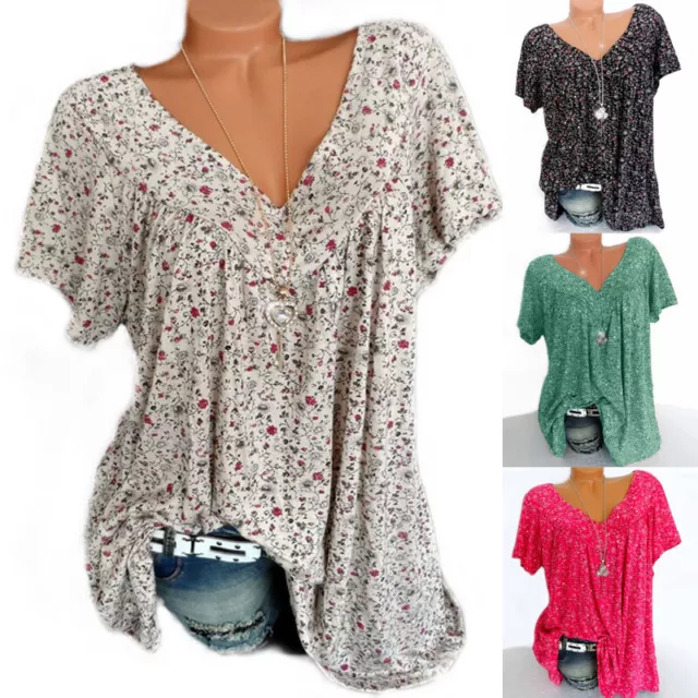 Fashion Womens Casual Boho Summer Short Sleeve V Neck Floral T-Shirt Blouse Tops