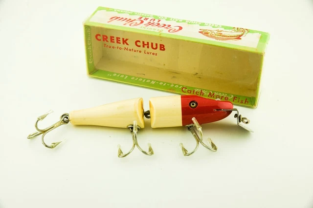 Leurre de pêche ancien en bois avec oeillets en verre, Creek Chub Bait