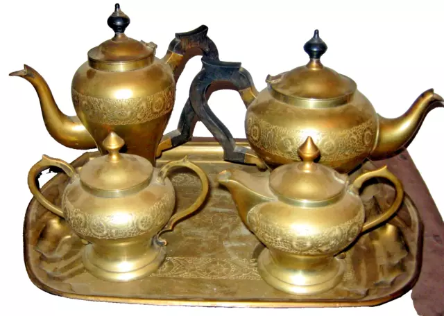 Vintage Brass Hinged Lid Tea Pot & Coffee Pot, Cream & Sugar Serving Set EPNS