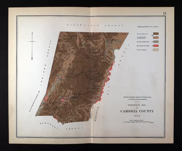 1884 Pennsylvania Geology Map Cambria County Johnstown Ebensburg Fallentimber PA