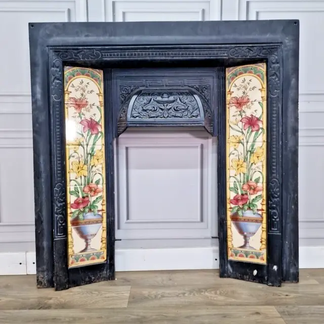 Antique Cast Iron Floral Tiled Decorative Fireplace Surround - Fire Mantle Piece