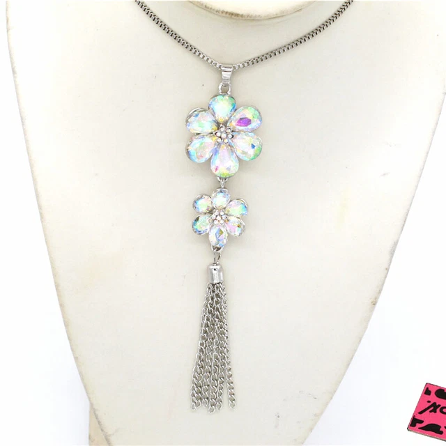 New Betsey Johnson AB Crystal Flower Bling Tassel Rhinestone Pendant Necklace
