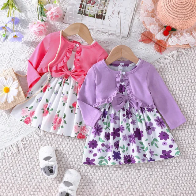 Baby Toddler Girls Sundress Flower Print Ruffles A-Line Dress + Cardigan Outfits