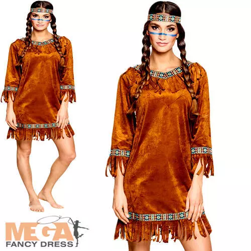 Native American Ladies Fancy Dress Red Indian Wild West Womens Adults Costume