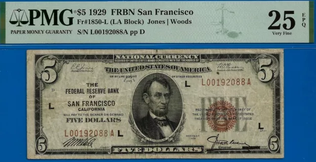 1929 $5 National Currency PMG 25EPQ FRBN San Francisco Key Note Fr 1850-L 3