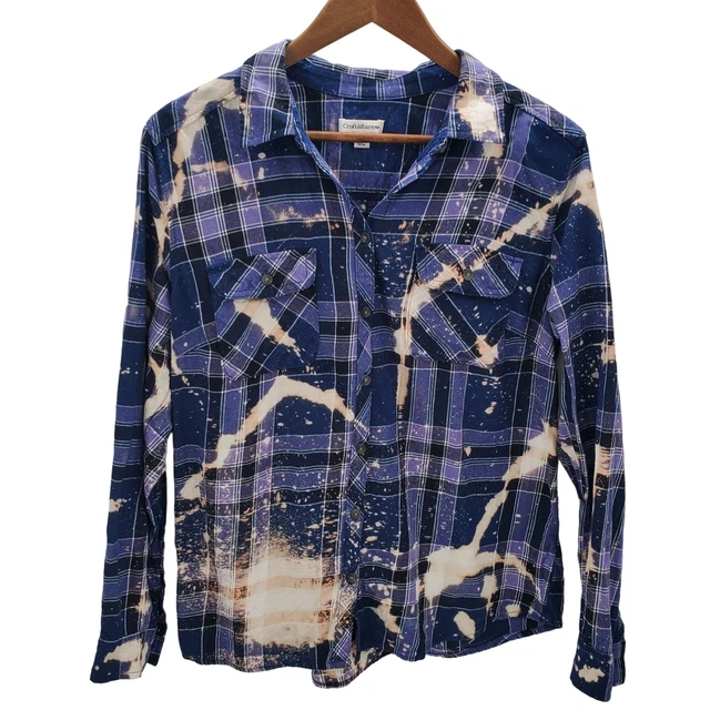 Womens Long Sleeve Button Up Plaid Flannel Bleached Upcycled Shirt Sz XL Purple