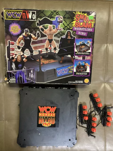 SMASH 'N SLAM Wrestling Ring w/Mean Gene Okerlund NEW MSB Toybiz 1998  WCW/NWO