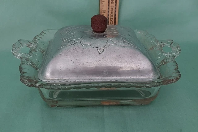 Vtg Wrought Farberware  Wood Handled Glass Dish With Floral Etched Aluminum Lid