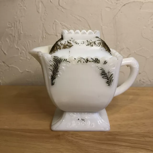 EAPG Antique Westmoreland "FEATHER" White Milk Glass Creamer Cream Pitcher & Lid