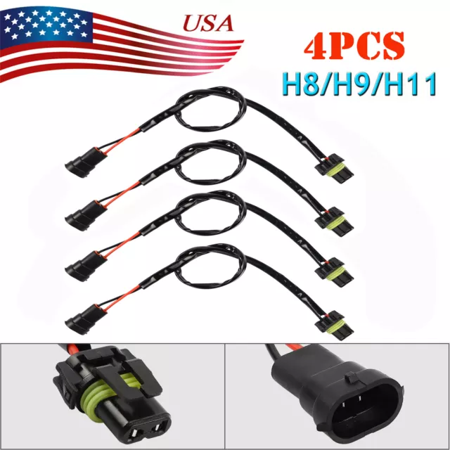 4x 9006 Sockets To H11 Bulbs Adapter Headlight Conversion Wire Pigtail Connector