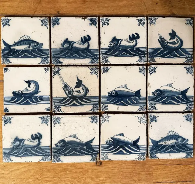 Twelve 1500's/1600's Dutch Delft Faience Tiles with Fish