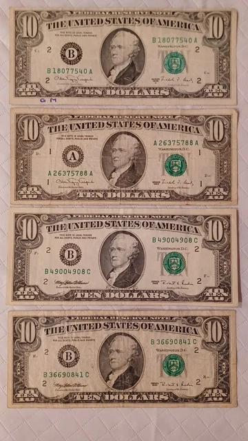 10 Ten Dollar Bill Federal Reserve Note Vintage US Currency 1988A 1990 1995 1995