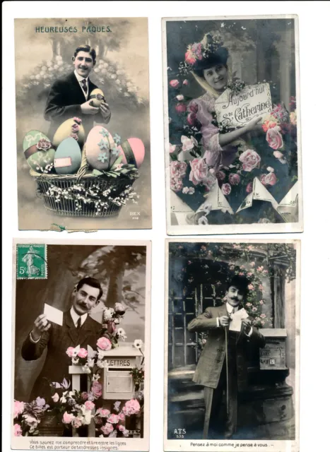 C14431 - Un lot de 4 cartes postales ancienne, Couples -Jeunes Filles-Fantaisie
