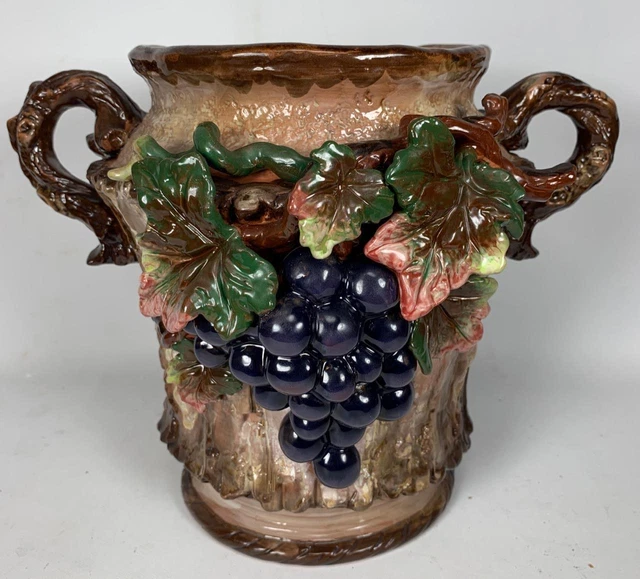 Stunning Antique Majolica Grape Double Handled Art Pottery Vase 9.5" x 12.5" Urn