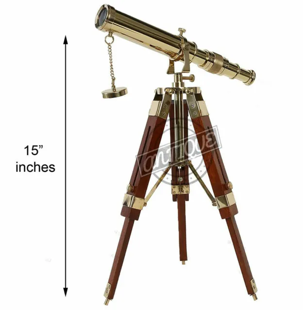 Telescope w/ Wooden Tripod Vintage Antique Nautical Decorative Gift Solid Brass