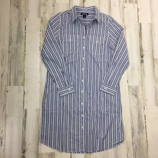 Lands End Womens Shirt Dress 8 Medium Blue White Stripe Long Sleeve Button Front