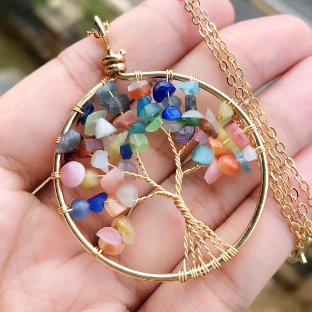 Rainbow Cat Eye Gem Tree Of Life Water-Drop Necklace Chakra Reiki Healing Amulet