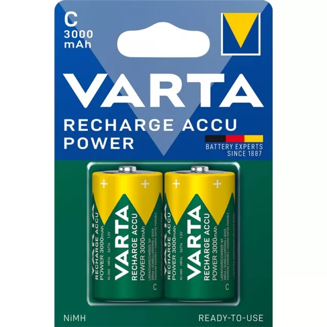 2x Akku Baby C HR14 1,2V 3000mAh Varta Rechargeable ReadyToUse Typ 56714 Blister