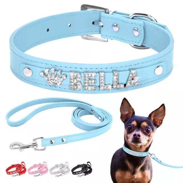 Bling Rhinestone Personalised Small Dogs Collar and Lead Set Pet Name Charms S-L