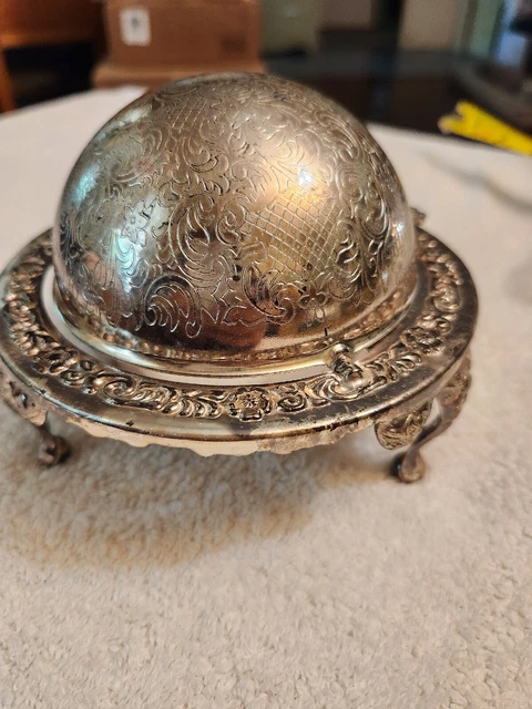 Vintage Silver Plate Footed Roll Top Caviar Butter Dish