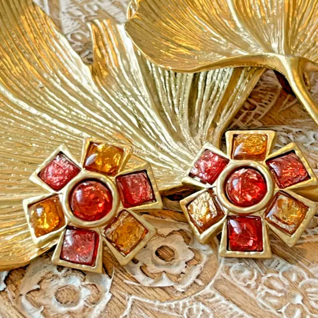 Brand NEW French Gold Plated Resin Earring Silver Post Green Pink/ Orange